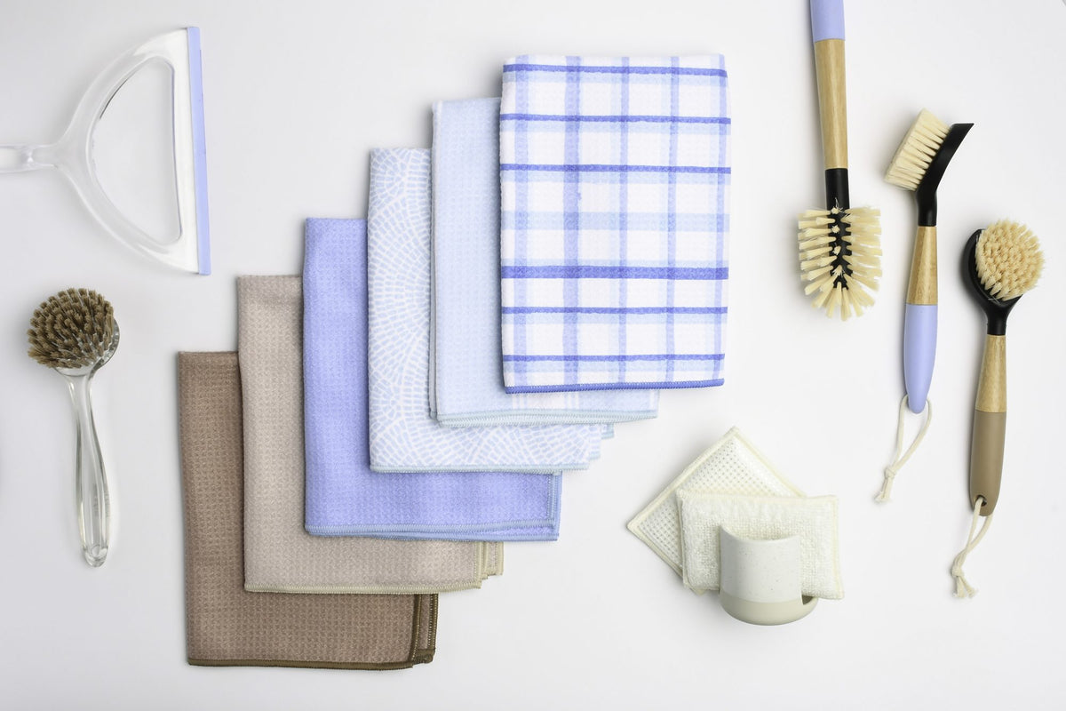 Bright Box microfiber cloths, brushes and sponges in blue and neutral tones